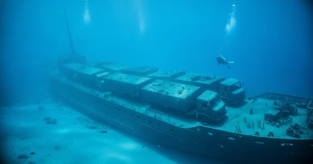 Scuba diver exploring the Zenobia wreck in Cyprus, with lorries visible on the cargo deck through clear blue Mediterranean water